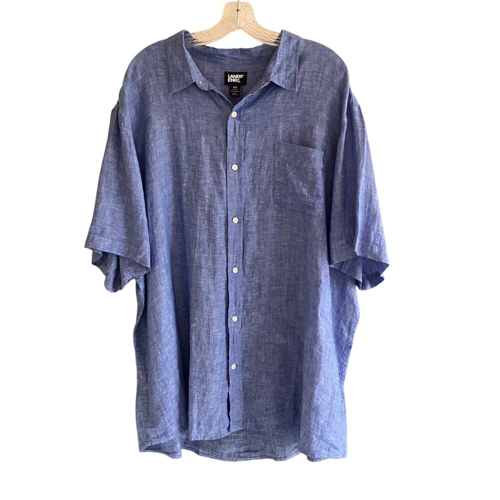 Lands' End 100% Linen Button Up Shirt XXL Blue Chest Pocket Beachy Coastal Men's